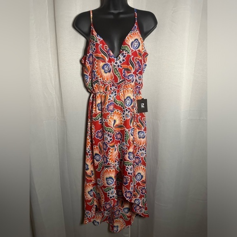IZ BYER Floral High Low Dress Red Papaya Multi‎ V-Neck Sleeveless Small 1108Q2Q